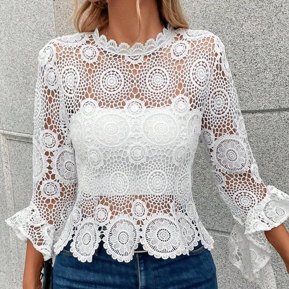 White Boho Womens Guipure Lace Flounce Sleeve Blouse - Picture 4 of 5